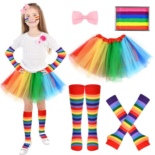 JcHrmers 5Pack World Book Day Costume Rainbow Costume Set Including Rainbow Socks Gloves Tutu Skirt Pink Hair Clip Face Painting Makeup for World Book Day Cosplay Supplies