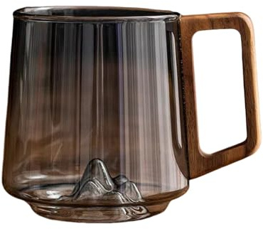 Miaexaugsh 450ml Retro Mountain View Glass Mug, Wood Handle, Heatproof | Explosion-proof, suitable for hot/cold drinks at home or office. Not microwave safe