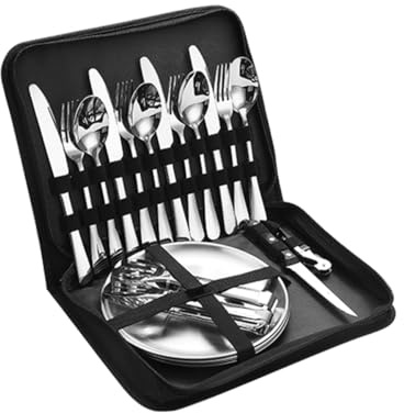 Camping Cutlery Set with Case, Portable Food-Grade Stainless Steel Picnic Utensils with Spoons Forks Plate, Ideal for Road Trips, Picnics, and Camping Adventures (4 Man-Silver)