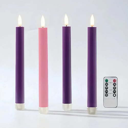 Simplelight Advent Candles, Purple & Pink Flameless Taper Candles with Remote, Timer, Advent Wreath with Flameless Candles, Realistic Black Wick, Set of 4 - H:9 Inch (Purple Pink)