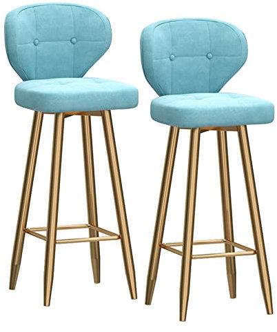 Samt Barhocker 2er Set Tresenhöhe mit Rückenlehne Barstool Solide Gold Metallbeine Fußstütze, moderner Inselhocker für die Küchenbar, hellblau
