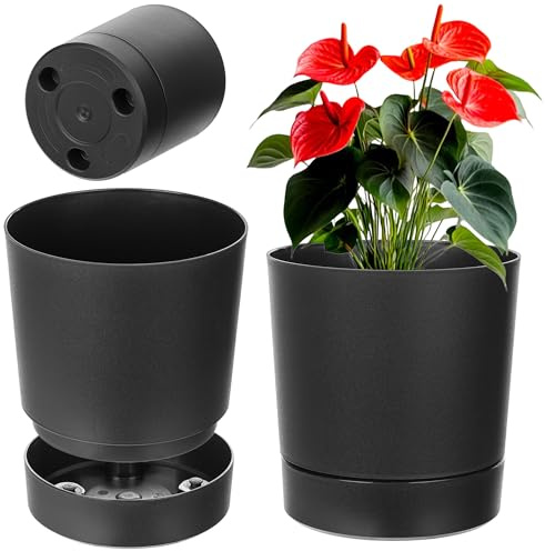 KADAX Blumentopf mit Untersetzer, Durchmesser 27.5cm, Übertopf aus Kunststoff für Innen, Pflanztopf mit Matter Oberfläche für Zimmerpflanzen (Schwarz)