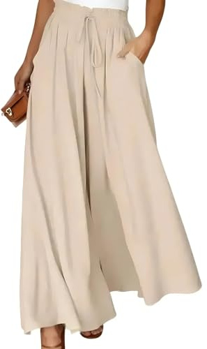 Spesh Sommerhose Damen Locker Stoffhose mit High Waist Leichte Sommerhose mit Weite Bein Elegante Strandhose Damen Weite Hosen für Büro/Freizeit/Strandurlaub(Beige,L)
