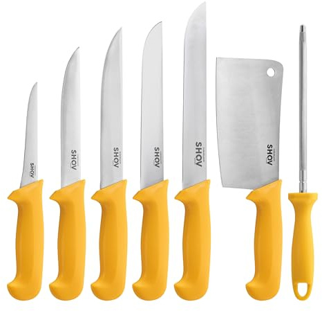 Shov Küchenmesser Set – Premiumqualität | Profi Küchenmesser | Kochmesser Set | Fleischmesser | Ausbeinmesser | Scharf & Robust | Für Profis & Hobbyköche (7, mit Beil und Schleifstab)