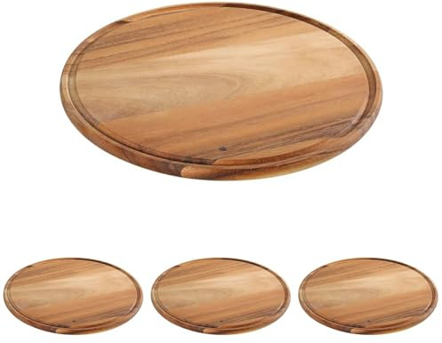 Zassenhaus Pizzateller 33cm Ø | Akazienholz Teller | Nachhaltig angebaut | Holztablett rund mit Saftrille | Pizza Brett zum Servieren von Pizza oder Flammkuchen | Schneidebrett Holz (Packung mit 4)