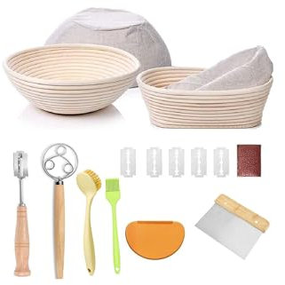 Bread Proofing Basket Set,Round & Oval Sourdough Proving Basket,100% Natural Rattan, Sourdough Bread Making Kit with Cloth Liner, Bread Lame, Dough Whisk, Scrapers & Brush.Sourdough Starter Kit,