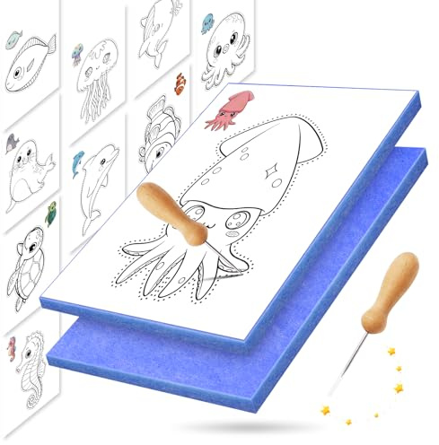JUNUNDJING Pricking Needle Set for Children from 3 Years, Pricking Set Embroidery Pictures, Embroidery Set with 10 Embroidery Pictures, 2 Pricking Felt, 2 Needles, Parents Must Accompany (Sea Animal