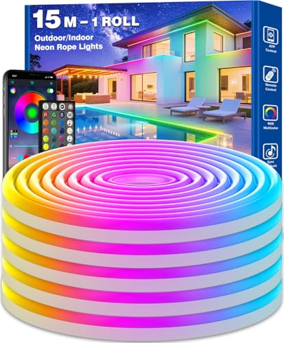 AHRLHR 15M Neon LED Streifen, IP68 Light Strips Outdoor & Indoor Use, Wasserdichte Flexible Lichtschlauch mit App und Fernbedienung, LED Rope Stripes für Wohnzimmer, Schlafzimmer, Spielzimmer