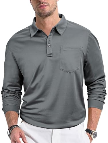 Herren Poloshirts Langarm Outdoor Casual Polo Tops Regular Golf T-Shirts Mit Tasche