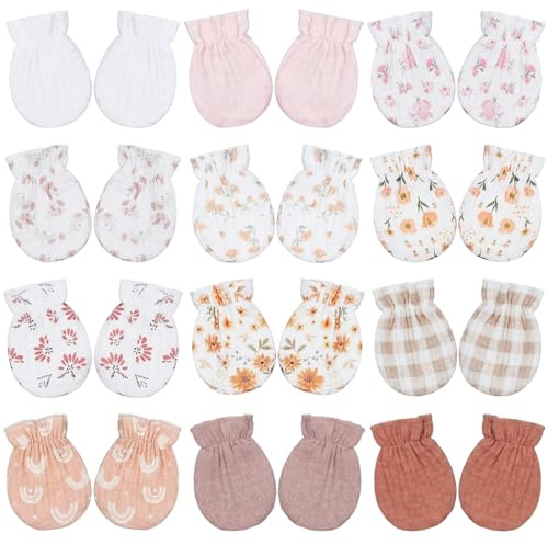 Chicingyou Muslin Baby Mittens for Newborn 100% Cotton No Scratch Soft Breathable Infant Gloves for Boys Girls 0-6 Month(12 Pcs,Charming)
