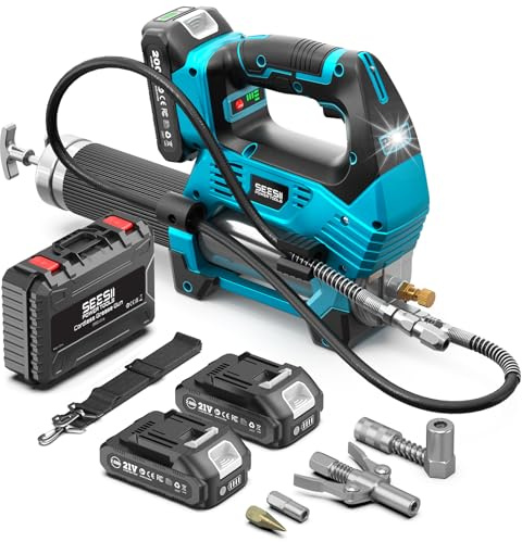 Seesii 12.000PSI Pompe a Graisse Electrique: 3 Vitesses, Moteur Brushless, Pompe à Graisse avec 2 Batteries, 3 Embout, Tuyau de 39,4, Raccord à 90° et Lumière LED pour Équipements Lourds
