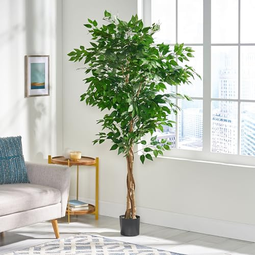 Gecheer 180cm Artificial Ficus Tree with Glossy Leaves and Twisted Trunk – Pre-Potted Realistic Weeping Fig for Indoor Decor