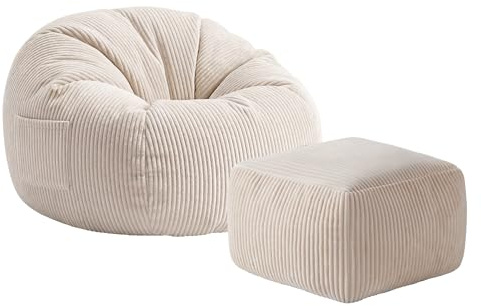 MARK ADLER Comfy 3.0 Riesen Sitzsack XL mit fußhocker für Erwachsene, Beige | Groß Cord Sessel & Pouf mit Griff - 125 x 85 x 50 cm Bequem - Schaumstofffüllung - Für Schlafzimmer und Wohnzimmer