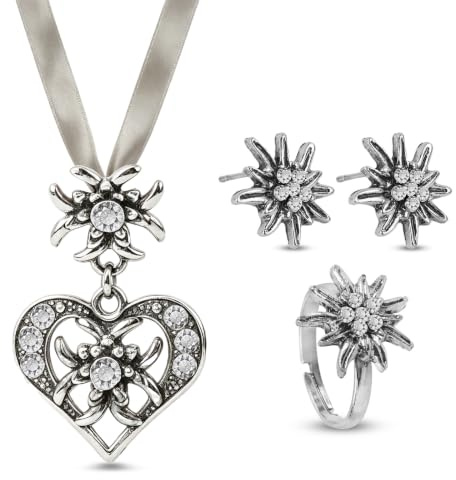 Kitimi 4 Stück Trachtenschmuck Damen Set Oktoberfest Trachtenschmuck, Bayerisch Dirndl Schmuck Trachtenkette mit Strass Edelweiß Halskette Ring Ohrringe für Oktoberfest Damen Outfit