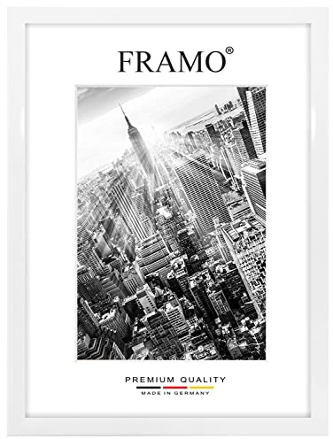 FRAMO Holz Bilderrahmen 98 x 38 cm nach Maß - Weiss Hochglanz | Größe wählbar | inkl. entspiegeltes Acrylglas | Rahmen für Puzzle | Foto | Poster