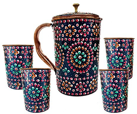 RASTOGI Kunsthandwerk Pure Kupfer One Krug mit vier Glas Drink Ware Set handbemalt Außenseite