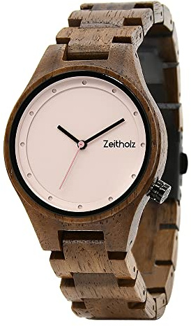 Zeitholz Montre en Bois pour Femme, Montre analogique de la Collection Stolpen 36mm, en Bois Naturel avec Mouvement à Quartz Japonais. Minimaliste et Sportive (Rose)