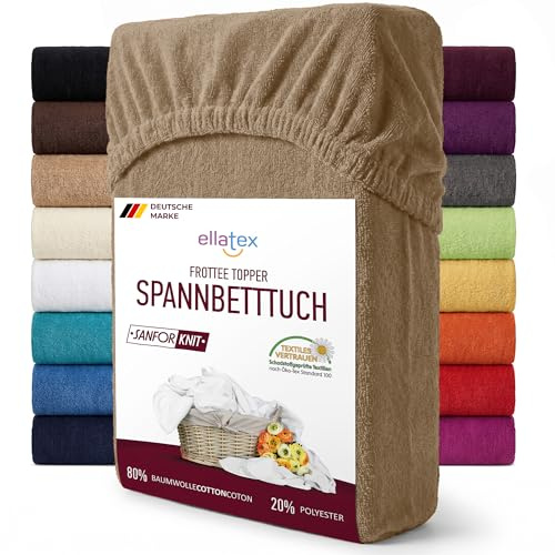 EllaTex Frottee Topper Spannbettlaken 140x200–160x200 – 200 g/m², saugfähig & weich, für Topper bis 12 cm Höhe, Farbe: Sand
