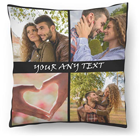 Ferocity Coussin avec Photo personnalisé (45x45) Personnalisable avec la Photo ou Le Texte de Votre Choix oreillers hypoallergéniques Cadre Noir avec 4 Photo et Texte Fullprint [091]