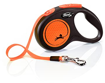 flexi® Neon S Gurt 5 m schwarz, neon-oranger Gurt, reflektierende Seitenfläche, Roll-Leine für Hunde bis 15 kg