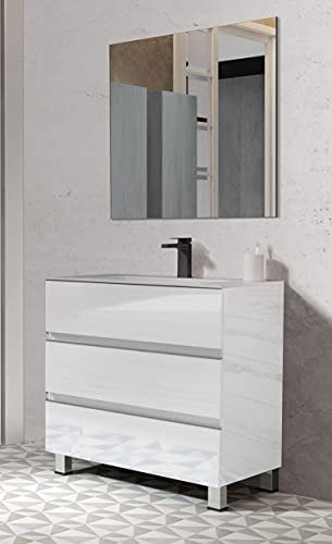 EL BAÑO MODERNO Juego Muebles de Baño con Lavabo y Espejo - Mueble Baño con Lavabo - Lavabo con Mueble Compacto Preinstalado de Fábrica - Porcelana Ideal para tu Hogar