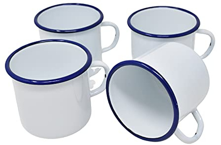 Madacha Set mit 4 Bechern aus emailliertem Stahl, 400 ml, weiß mit blauem Rand