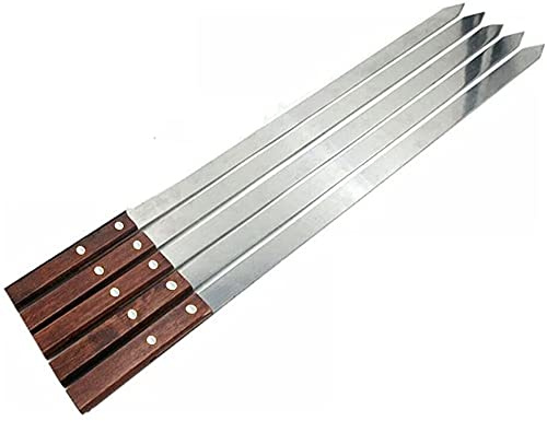 ZhangShi BBQ Barbecue Skewers Flat, Wooden Handel Set of 5 and 10 Grilling Kebab Flat Reusable Metal Sticks for BBQ, Brazilian Barbecue, Turkish Kebab, Shish Kabob (Lx58 Wx1.5 Tx0.2)cm (10), Silver