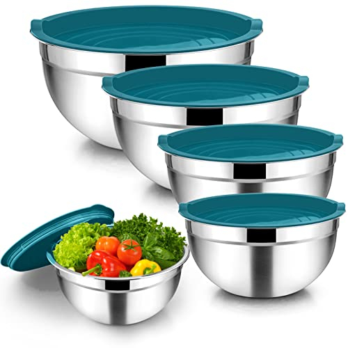 TeamFar Rührschüssel Set mit 5 Stück, Edelstahl 4.5/3/1.5/1/0.7 QT Metall Nisting Salatschüsseln mit Deckel, ungiftiger & langlebiger luftdichter Deckel & leicht zu reinigen, Blau