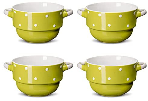 ECODECO Serving Soup Bowls with Handles - Ceramic - Polka Dot Green - 16 Ounce - Set of 4 - French Onion Soup Gumbo Chili Crocks for Oven Baking