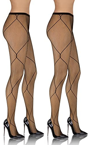 Sesto Senso 2 Pares Medias Rejilla Malla Fina con Patrón Diamantes Para Mujer Parte Calzoncillos Rejilla Cintura Alta 3/4 M/L Black