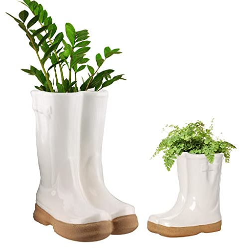 Dibor Set of 2 Flower Pot Planters - Small & Large Wellington Boot (White) | Ceramic, Wellington Boot Planter, Plant Pot, Flower Pot, Planter, Drainage Hole, Removable Stopper