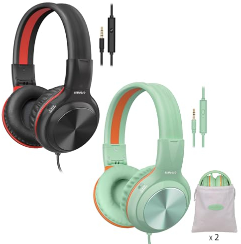 SIMOLIO 2 Lot écouteurs Supra-Auriculaires Pliables à Isolation Phonique avec Micro et Volume limité (85/94/104 dB), Casque Filaire avec Prise de Partage et sac Portable pour Ordinateur, Enfants,école