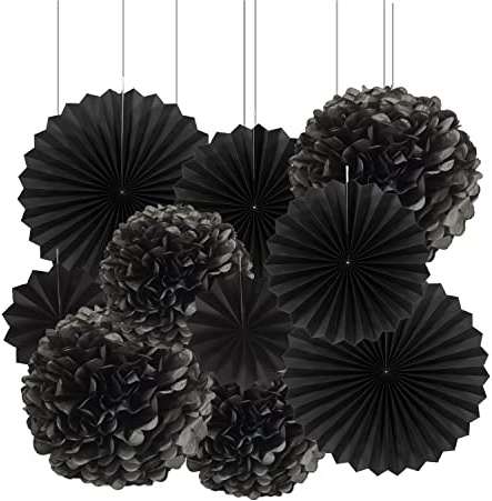 Vsosfiza Dekoration Schwarz - Papier Pompons und Fächer für Hochzeit, Geburtstag, Party (10 Stück)