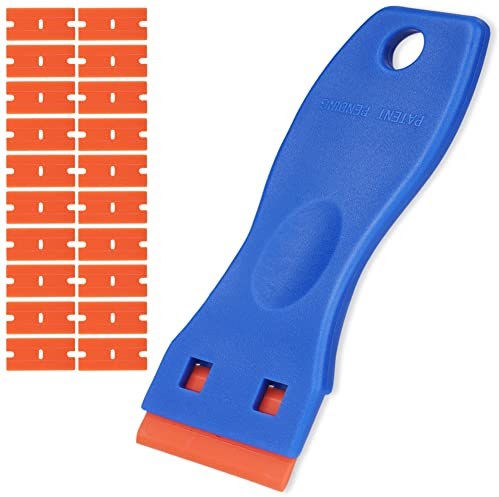 Flintronic Schaber, Mini Kunststoff Schaber mit 20 Kunststoff Klingen, Plastikspachtel, Plastik schaber für Klebereste Entferner, klebstoffentferner, Gadom Kochfeld Kratzer, Kleberentferner, Blau