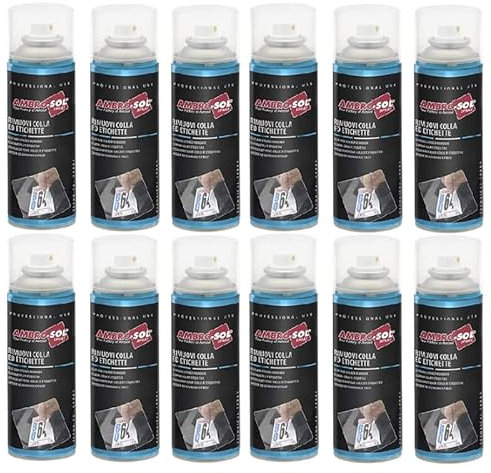 12 bombolette di Rimuovi Colla ed Etichette spray da 200ml, di colore bianco tenue, ideale per rimuovere adesivi etichette e colla senza lasciare residui