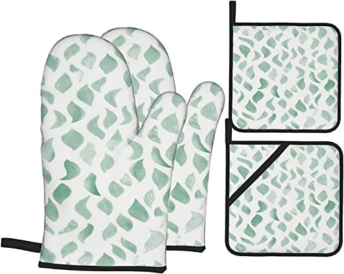 Oven Mitts and Pot Holders Sets of 4 Green Petals in Sage Polyester Oven Mitts with Oven Gloves and Hot Pads Potholders for Kitchen BBQ