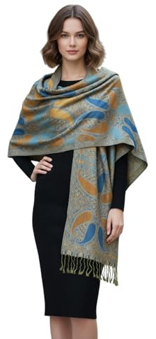 PASKMLNA Chal reversible de cachemira para pashmina, colores elegantes, A18-18 Naranja-Azul, Large