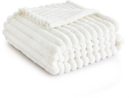 Bedsure Fluffy Fleece Throw Blanket for Sofa - Soft Cosy Warm Blankets for Bed, Soft Cute Single Throw Gifts for Women and Girls, Off White, 130x170 cm