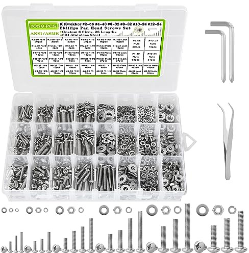 1059Pcs Nuts and Bolts Assortment Kit Phillips Pan Head #2-56#4-40#6-32#8-32#10-24#12-24 Machine Screws, K Kwokker 26 Sizes 304 Stainless Steel Screws Nut and Bolt Assortment with Screw Organizer