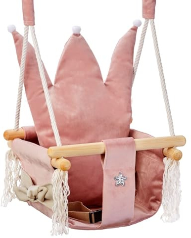 Love Gifts® Babyschaukel aus Holz hochwertig und geeignet als Indoor Schaukel, montierbar an der Decke sowie im Türrahmen, Krone-Rose, Made in EU