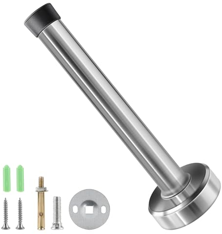 Misuyue Tope para puerta de pared de acero inoxidable, 18 cm, montaje en pared, con tope de goma, incluye elementos de fijación, tope de puerta (plateado)