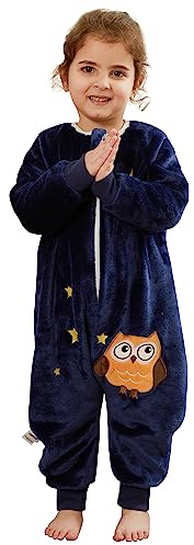 HAHASHOW Baby Winter Schlafsack mit Füßen Flanell 2.5 Tog 5-6 Jahre Eule | Warm und Weich, Zweiwege Reißverschluss, Maschinenwaschbar, mit Ärmeln und Geteilten Füßen, für Herbst und Winter