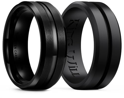 King Will Silicone Rings for Men 8mm Black Tungsten Wedding Band - Men's Wedding Ring Set - Rubber Wedding Bands, and Workout Rings for Men with Grooved Center Design - Available in Black 11