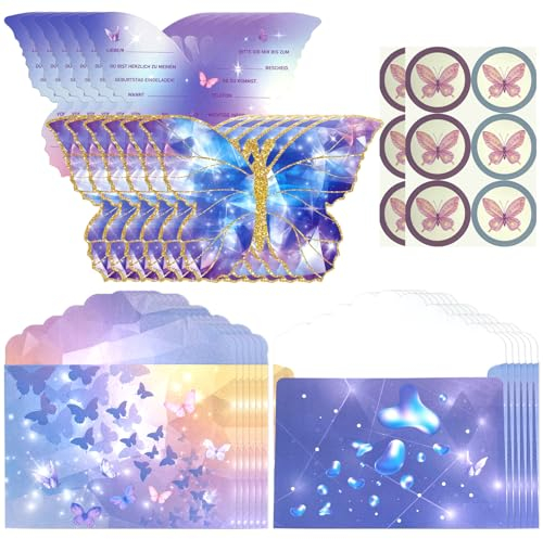 12 Set (36 Stück) Einladungskarten Kindergeburtstag Mädchen, mit 12 Briefumschläge und Schmetterling Aufkleber, Kindergeburtstag Schmetterling Einladungen, Einladungskarten Kindergeburtstag