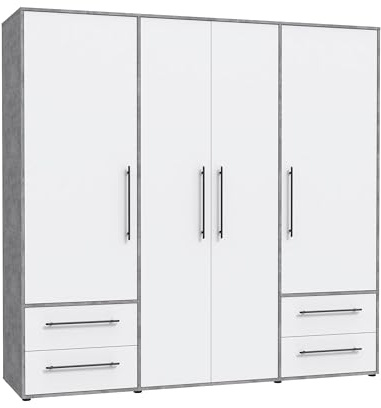 FORTE Jupiter Schrank 200 210, Kleiderschrank, Drehtürenschrank, 4-türig, mit 4 Schubladen und Einlegeböden, Betonoptik Grau und Weiß, 206 cm breit x 59 cm tief x 200 cm hoch