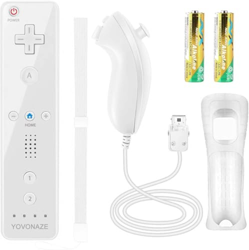 YOVONAZE Compatibile con Nintendo Wii Controller, Wii Remote con Nunchuck e Nunchuck Controller con custodia in silicone e cinturino da polso per Wii e Wii U, incluse 2 batterie AA (bianco)