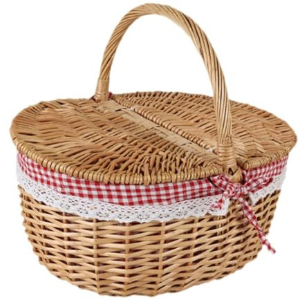 Colcolo Canasta de Mimbre para Excursiones Campestres, Contenedor de Almacenamiento con Tapa Y Asa, Rojo, pequeño