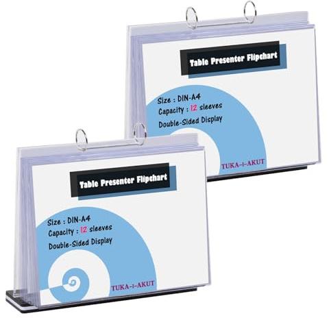 TUKA-i-AKUT 2-pack A4 liggande bords-popdiagram av akryl med bas, 12 fodral per T-form skrivbord flip chart, dubbelsidigt presentation flipchart, uppställningsringbok, bordsstativ A4 tvär,