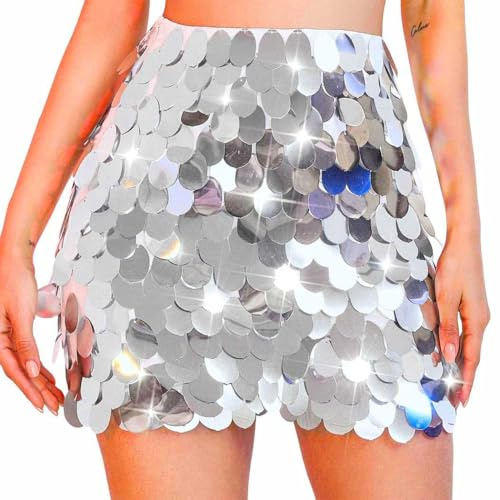 Evlry Jupe à Paillettes de Noël Jupes de Danse Scintillantes argentées Mini écharpe de Hanche Costume de Rave pour Femmes