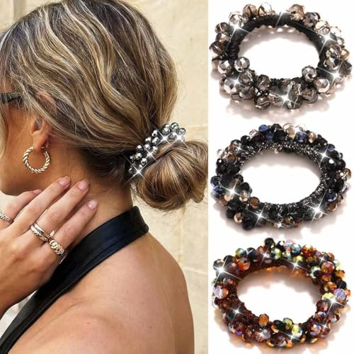 Reaky Strass-Haargummis, Perlenbesetzte Haargummis, Fantastische Funkelnde Pferdeschwanz-Halter, Haar-Accessoires für Frauen (3er-Pack)